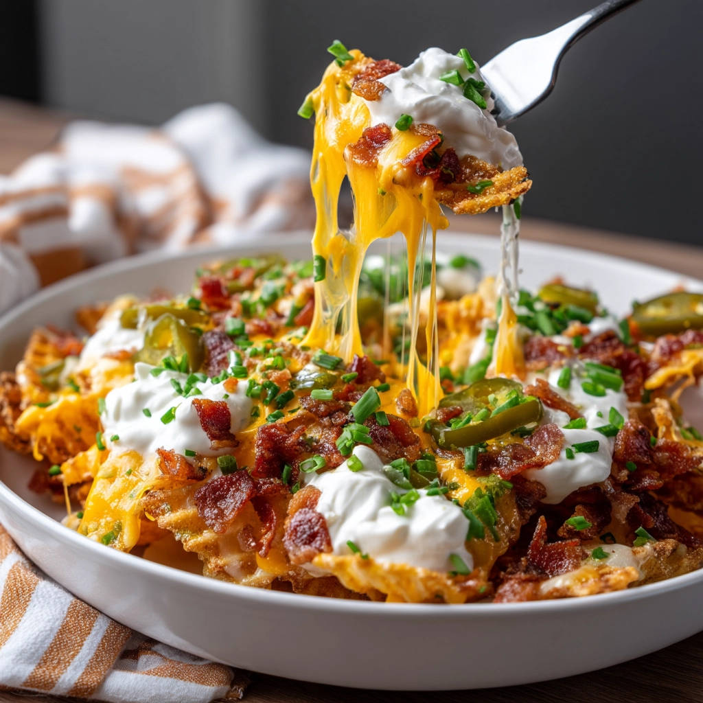 Ultimate loaded waffle fry nachos being lifted with a fork, showing strings of melted cheese.