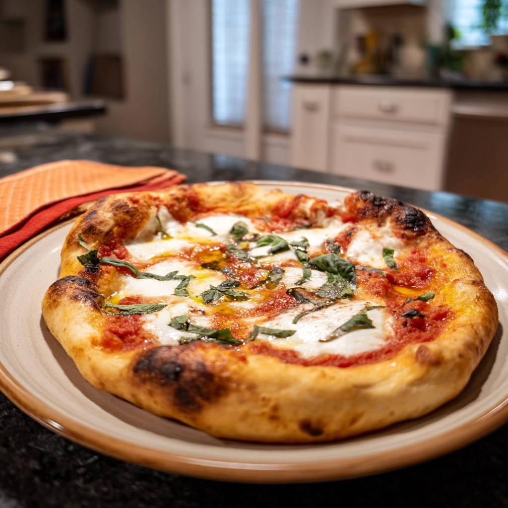 Margherita pizza with a golden, blistered crust and fresh basil, drizzled with olive oil.