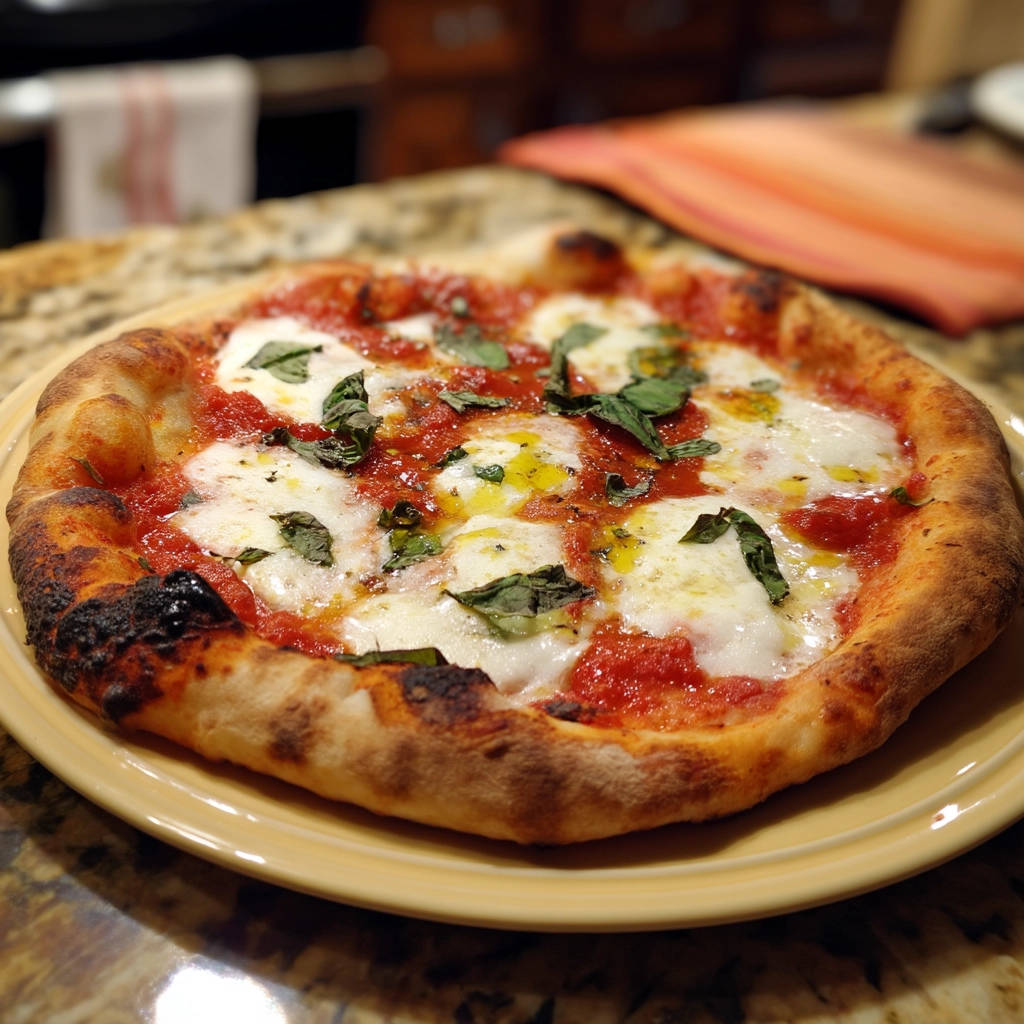 Margherita pizza with a close-up view of its golden, slightly charred crust and melted mozzarella.