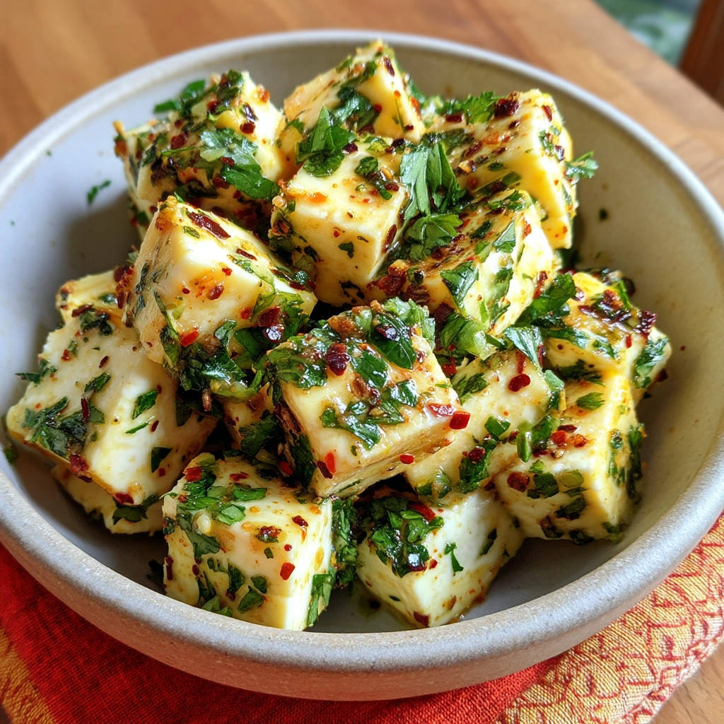 Marinated herb & chili cheese cubes are presented in a close-up shot within a bowl, showcasing their vibrant garnish.