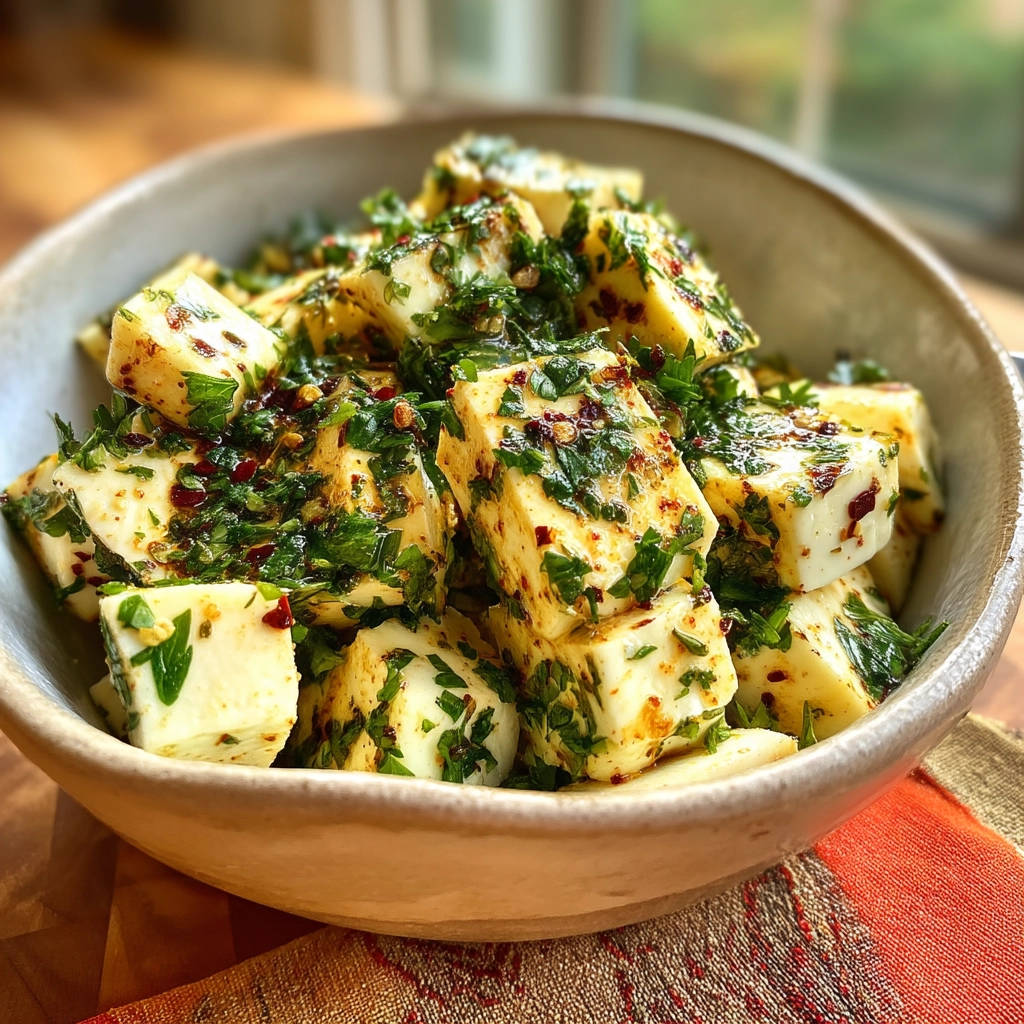 Marinated herb & chili cheese cubes in a bowl, showcasing the flavorful herbs and spices coating the cheese.
