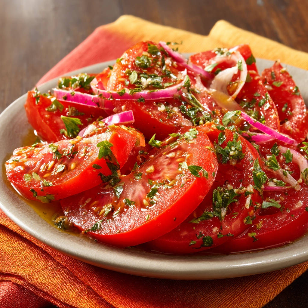 Simple Marinated Tomatoes, sliced and arranged on a plate with red onion and herbs, drizzled with dressing.