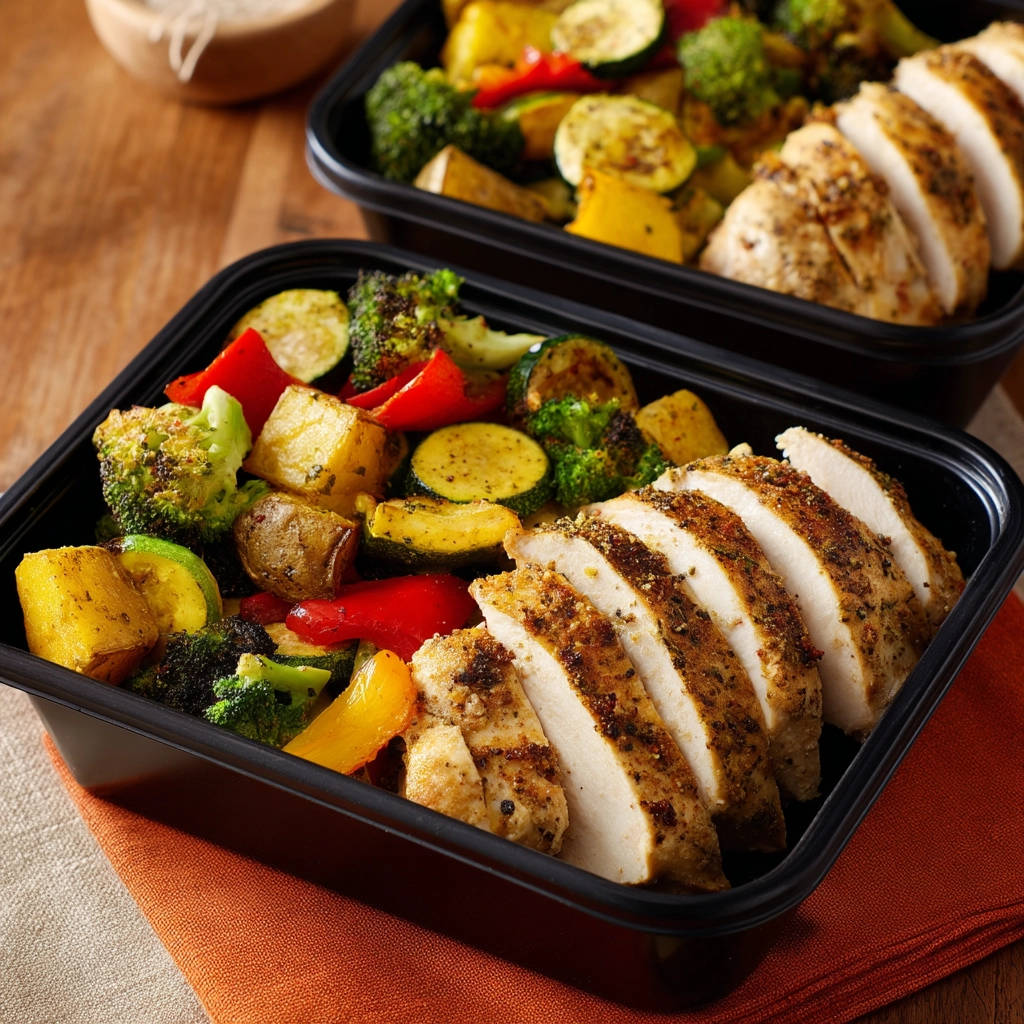 Meal prep chicken and roasted veggies shown in two black containers, a side view highlighting the sliced chicken and colorful vegetables.