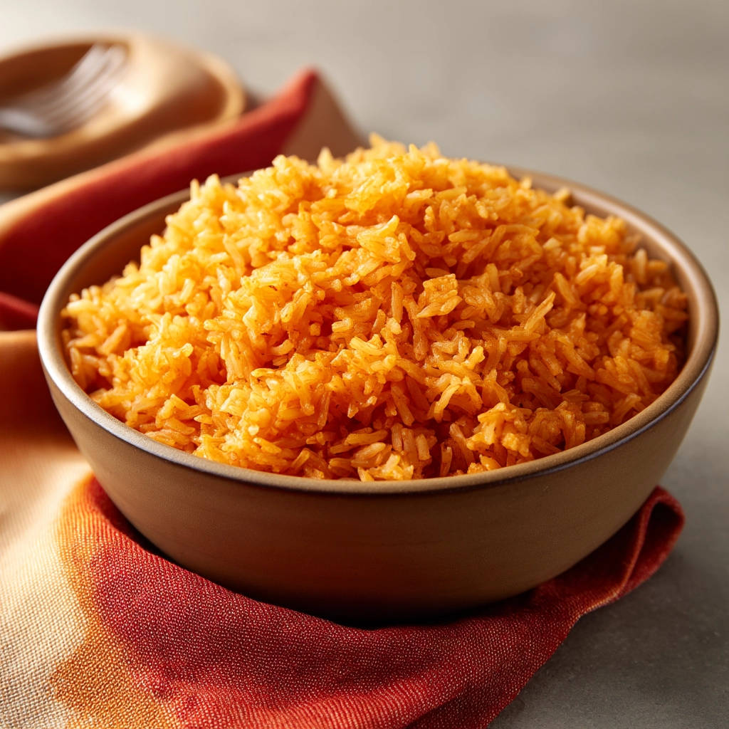 Mexican rice in a brown bowl, presented from a side view on a textured napkin.