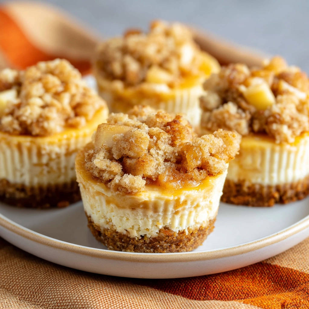 Mini apple crumble cheesecakes plated on a white dish, showcasing a crumb topping and caramel drizzle.