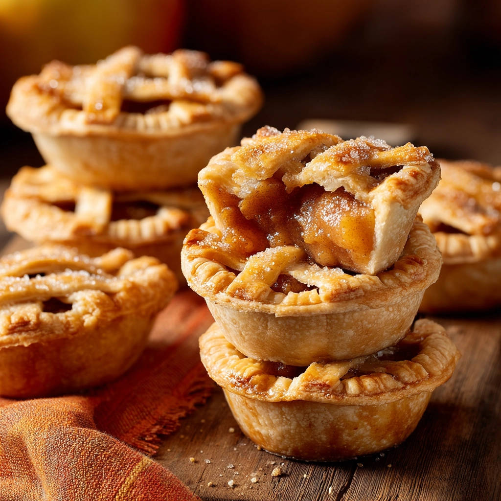 Mini apple pie bites stacked high, with one pie showing its sweet, spiced apple filling.