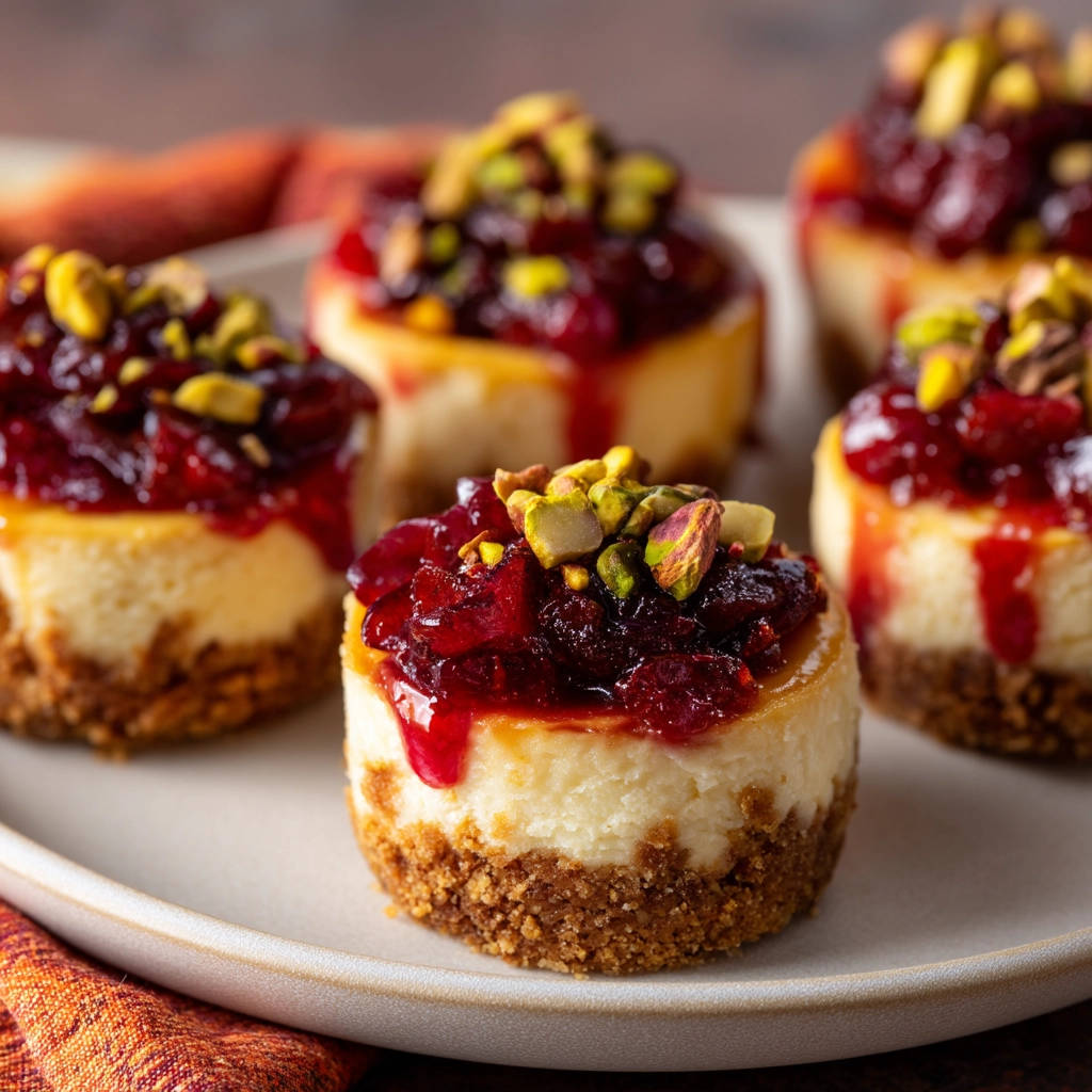 Mini cheesecakes topped with cranberry compote and chopped pistachios on a plate