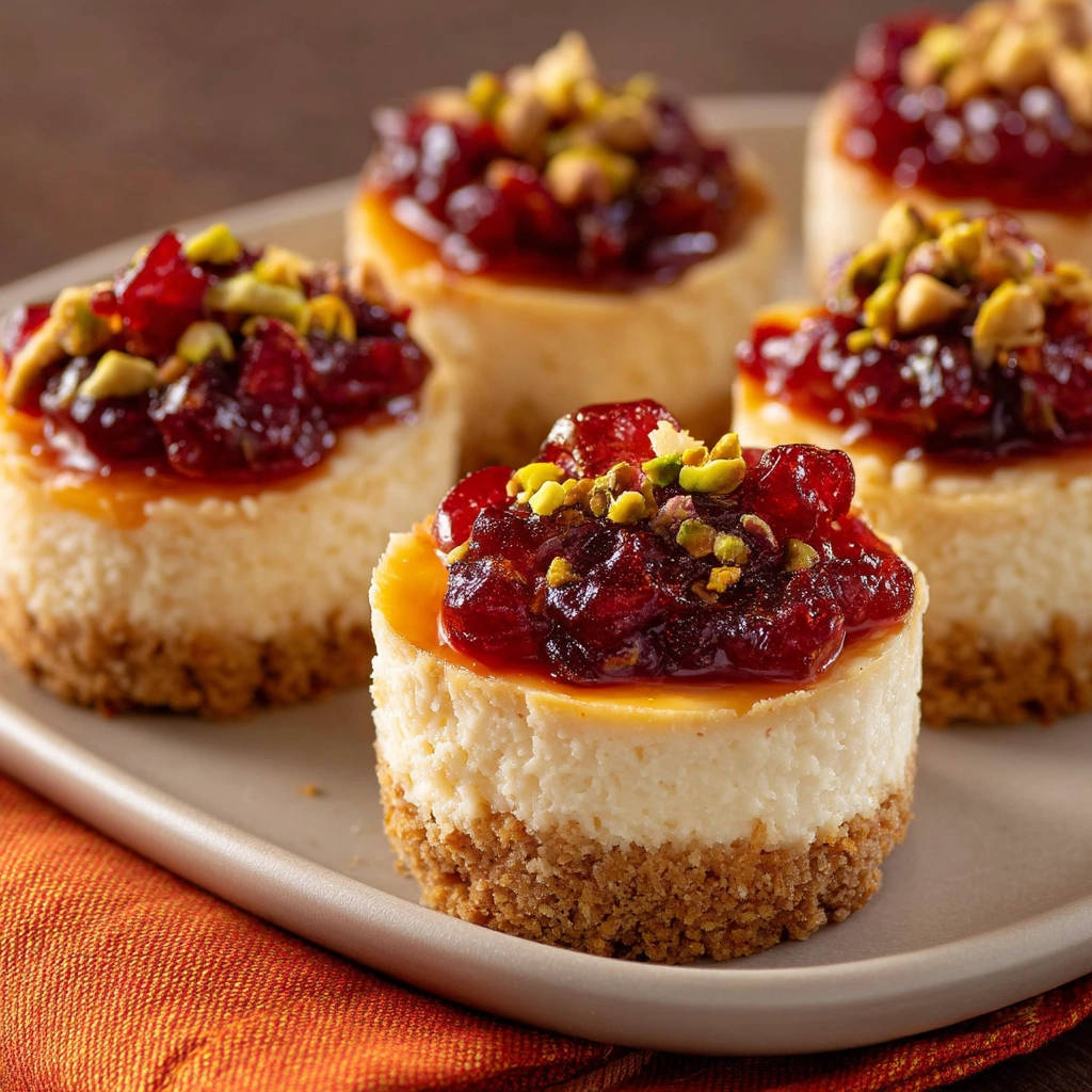 Mini cheesecakes topped with a vibrant cranberry mixture and chopped pistachios, showcasing the perfect garnish.