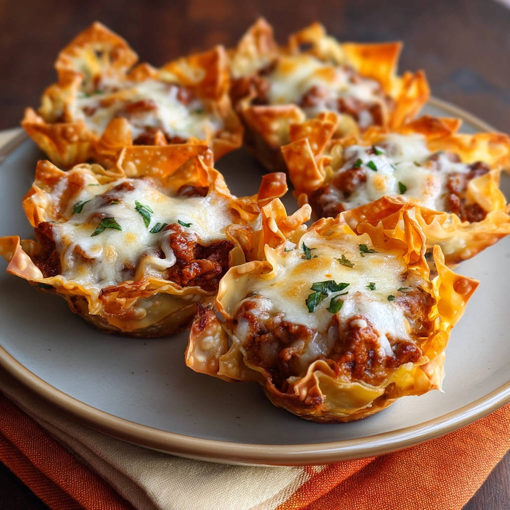 Mini meat & cheese wonton cups plated as appetizers, showcasing a golden-brown crispy wonton shell filled with savory meat and melted cheese.