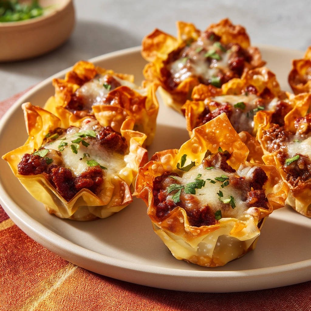 Mini meat & cheese wonton cups appetizer plated on a light brown dish with fresh parsley garnish.