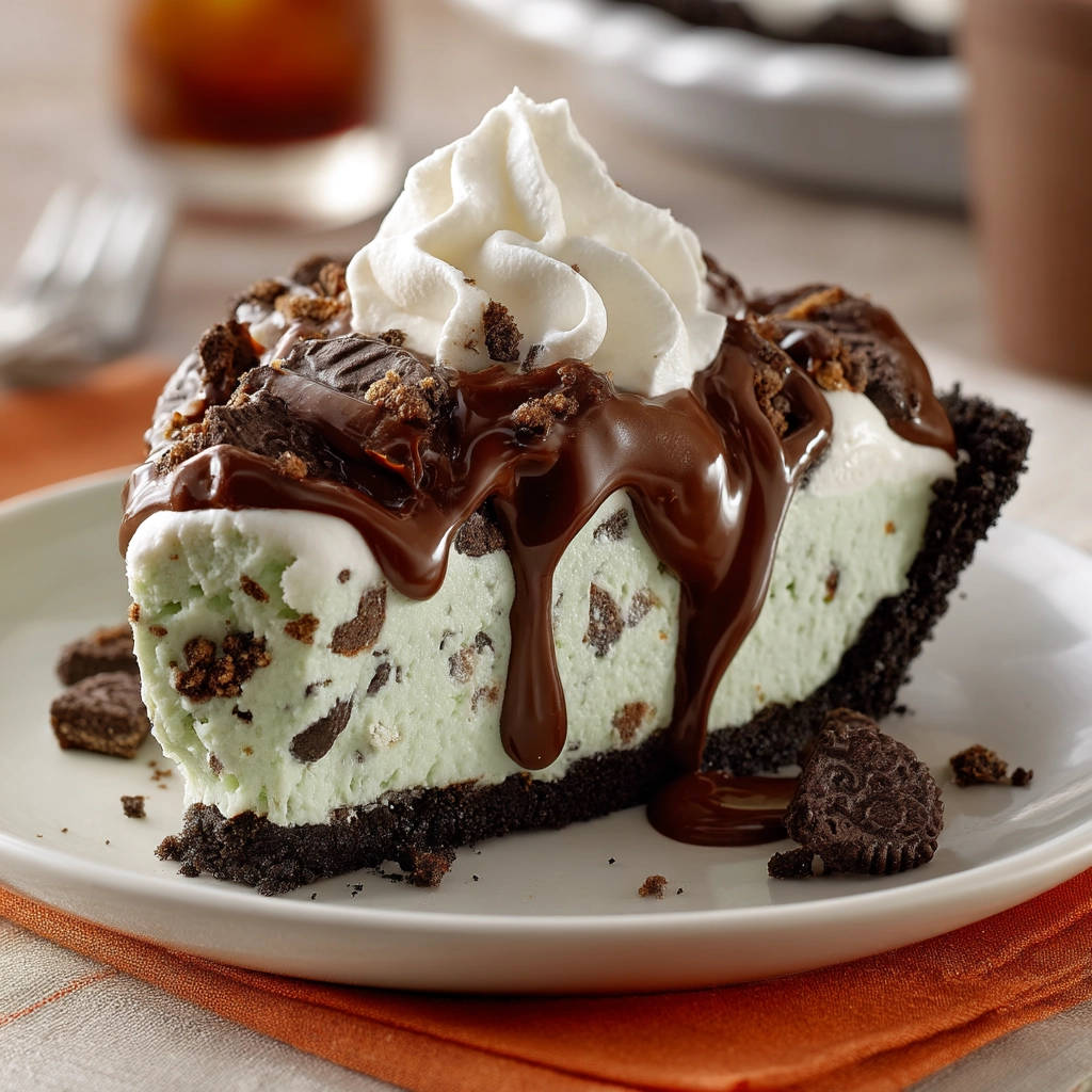 Mint chocolate chip ice cream pie slice generously drizzled with chocolate sauce and topped with whipped cream and cookie crumbles.