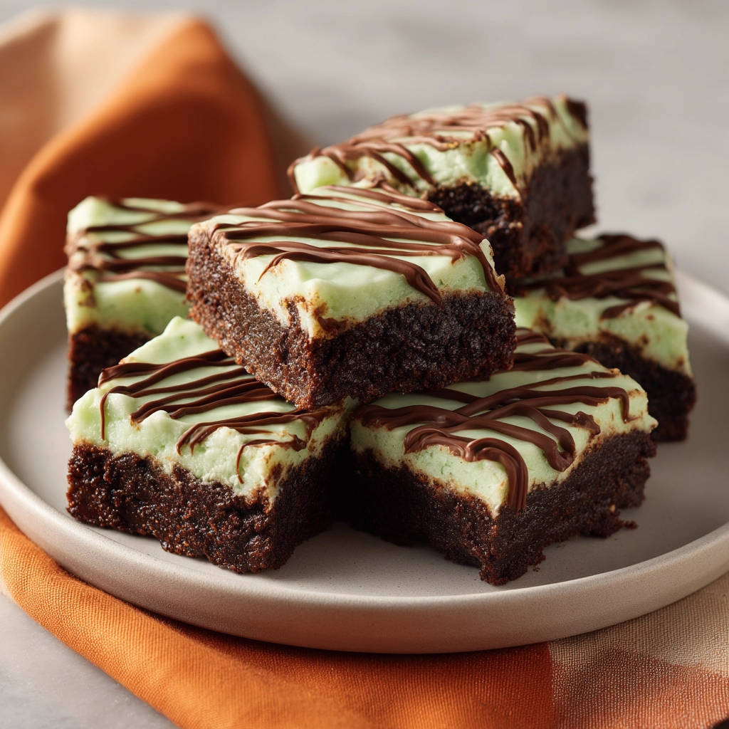 Mint Chocolate Layered Bars, a stack of rich chocolate brownies topped with mint frosting and drizzled with chocolate, shown in a close-up view.