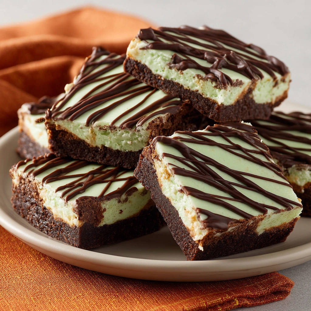 Mint chocolate layered bars stacked on a plate, showcasing their rich brownie base and cool mint topping.