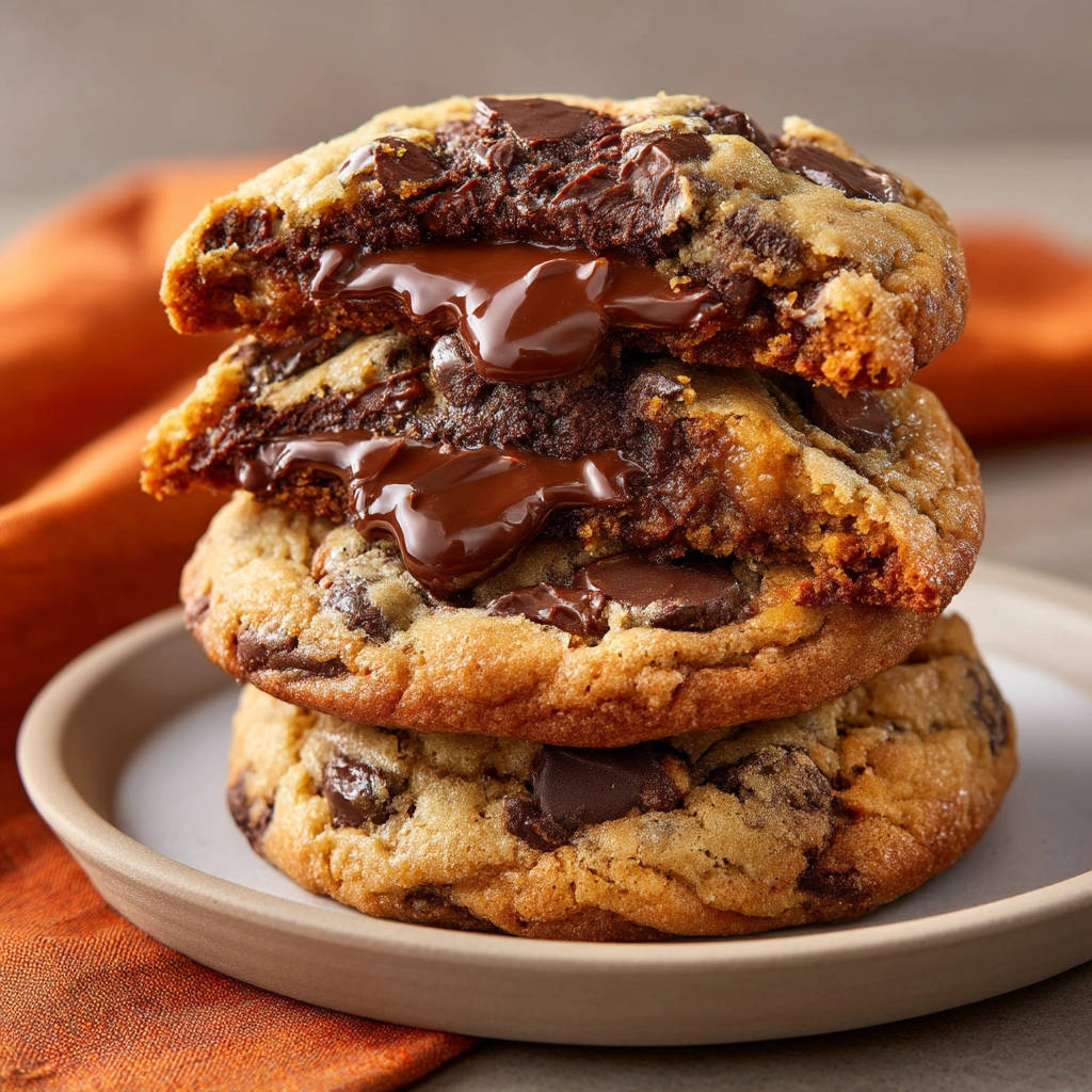 Molten lava chocolate chip cookies showing a gooey, melted chocolate cross-section in a stack.