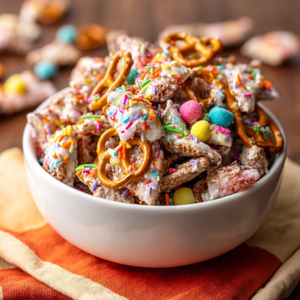 Muddy Buddies Magic served in a white bowl, showcasing pretzels, colorful sprinkles, and candy-coated chocolate balls.