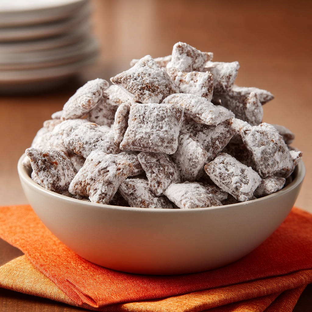Classic Muddy Buddies with a generous coating of powdered sugar in a light-colored bowl.