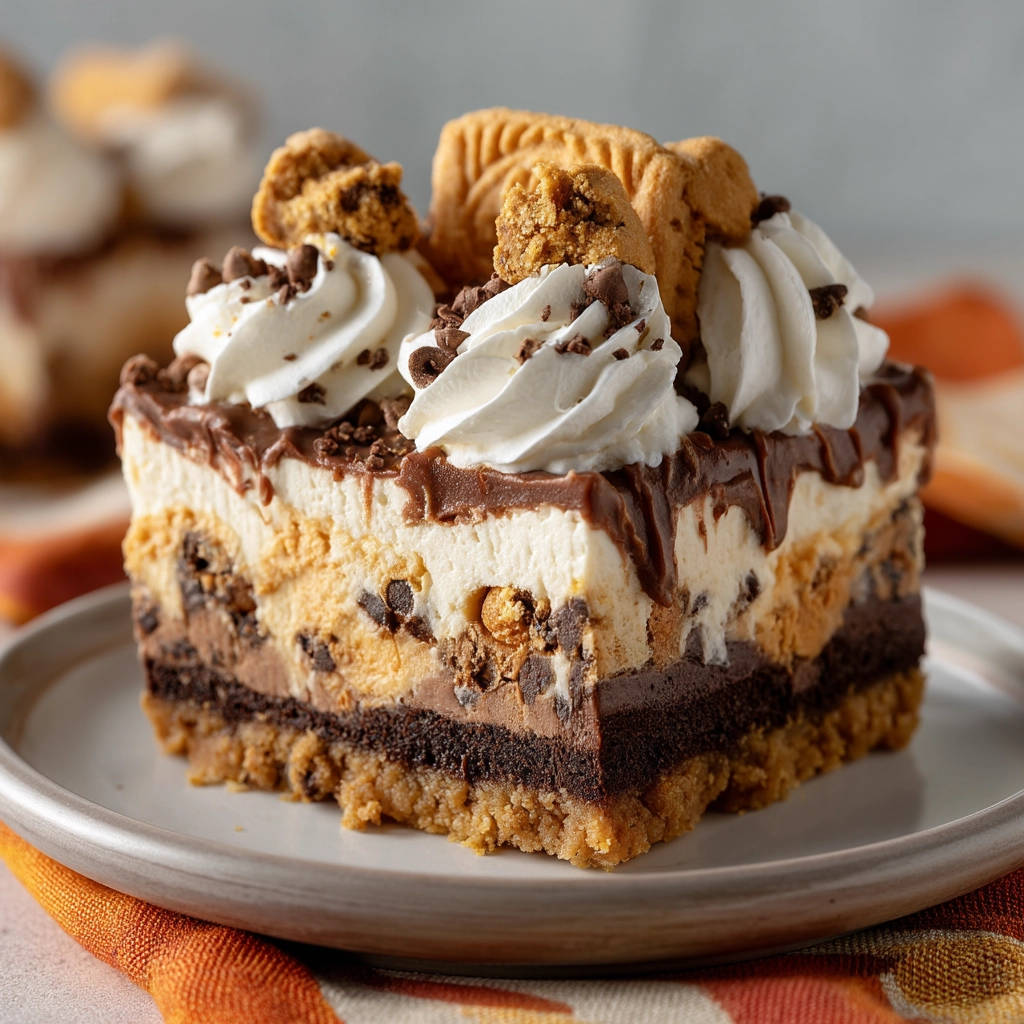 No-bake cookie butter dessert slice showing layers of cookie crust, chocolate, and creamy filling, topped with whipped cream and cookies.