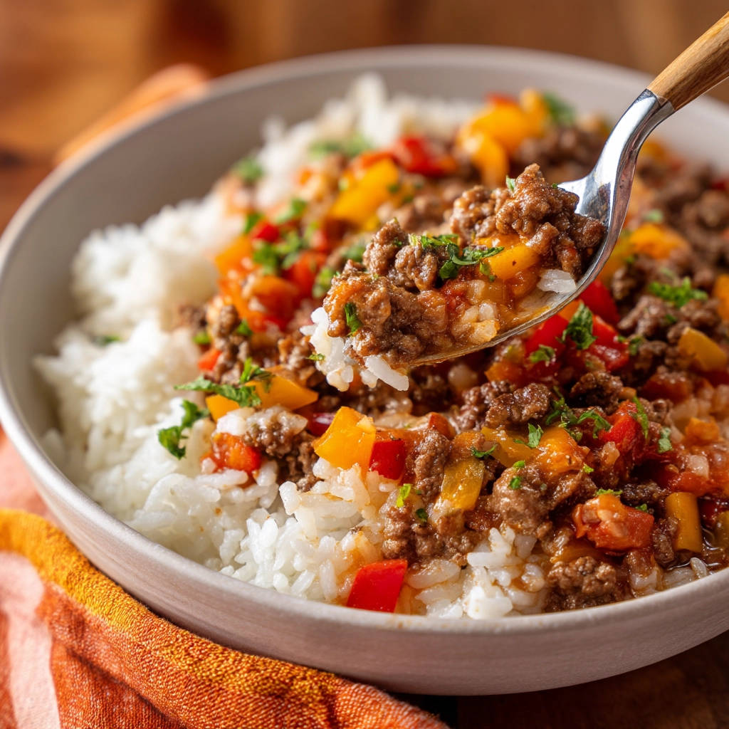 One pan ground beef and peppers served over white rice, with a spoonful lifted to show texture.