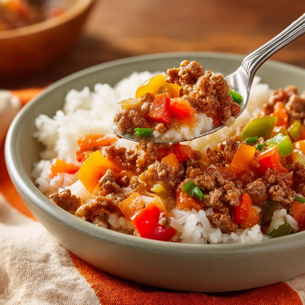 One pan ground beef and peppers served over rice, with a spoonful lifted to show the texture and ingredients.
