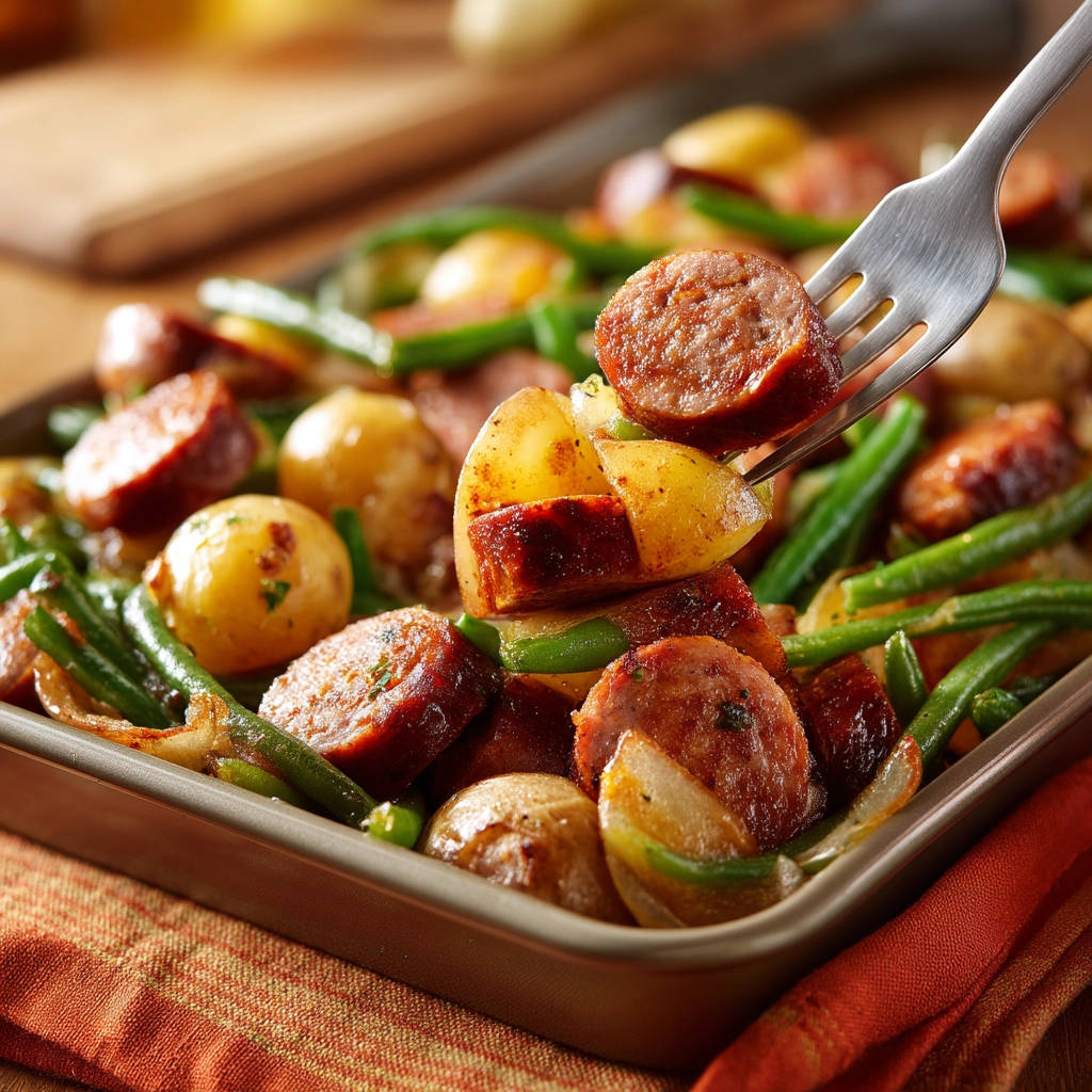 One-pan sausage and veggies with a forkful of sausage and roasted potatoes and green beans being lifted.