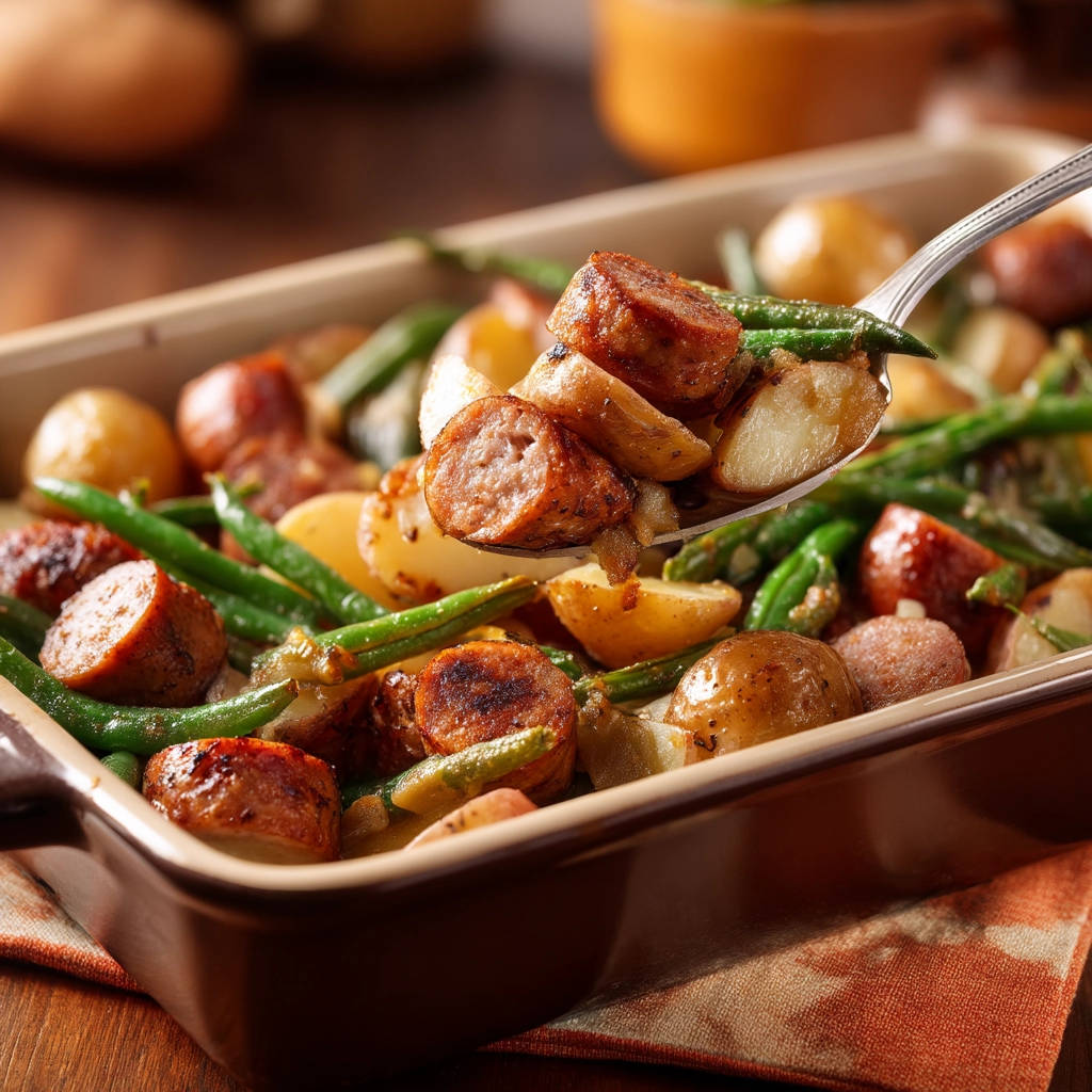 One-pan sausage and veggies shown in a close-up spoonful with roasted potatoes and green beans.