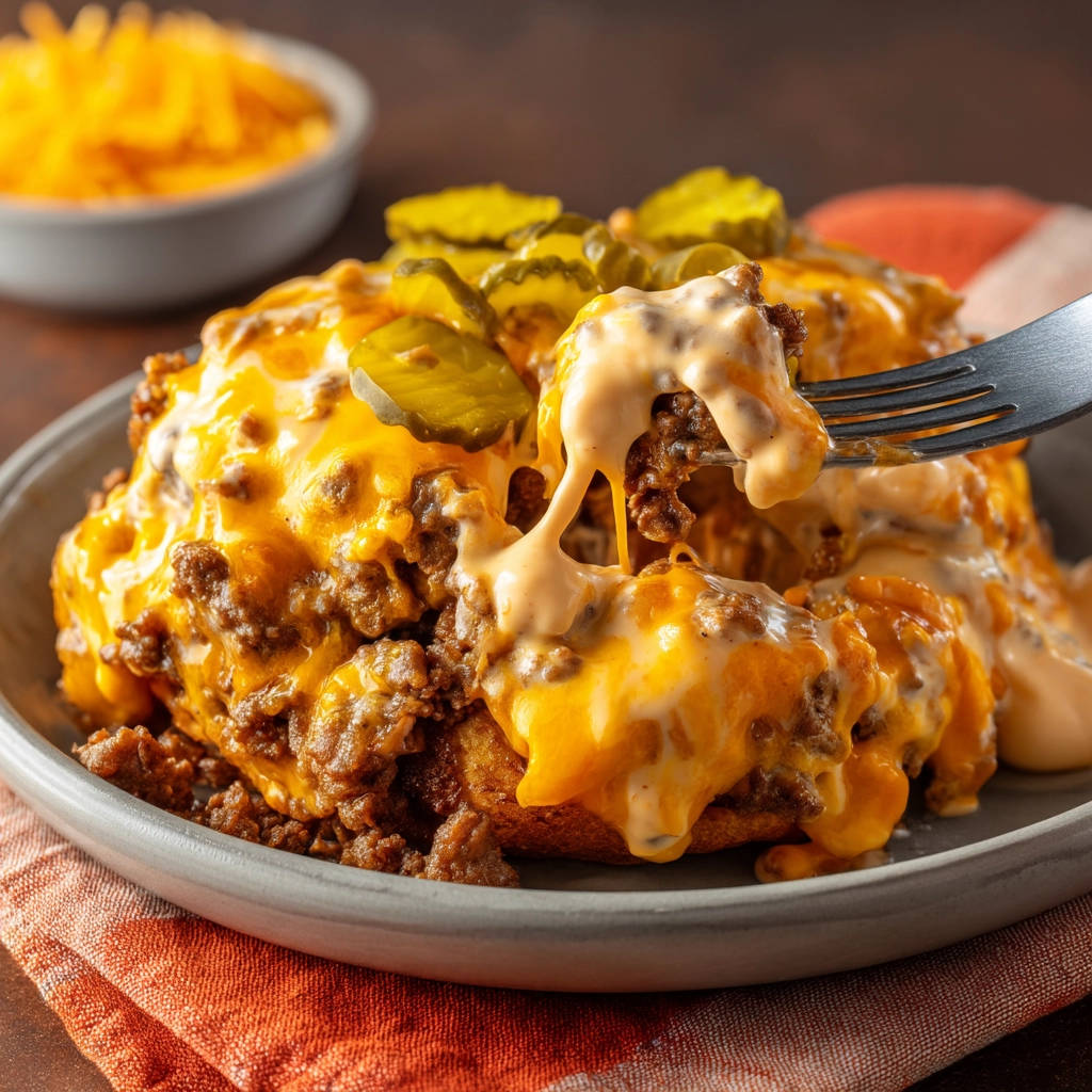 Open-faced cheeseburger melt being lifted on a fork, showing gooey melted cheese and pickles.
