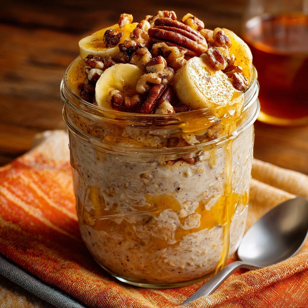 Overnight oats in a jar, topped with banana slices, pecans, walnuts and drizzled with honey.