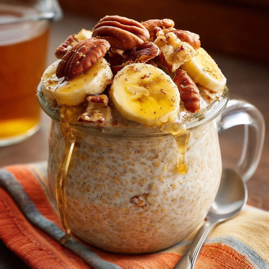 Overnight oats in a glass jar topped with banana slices, pecans, and drizzled with honey.