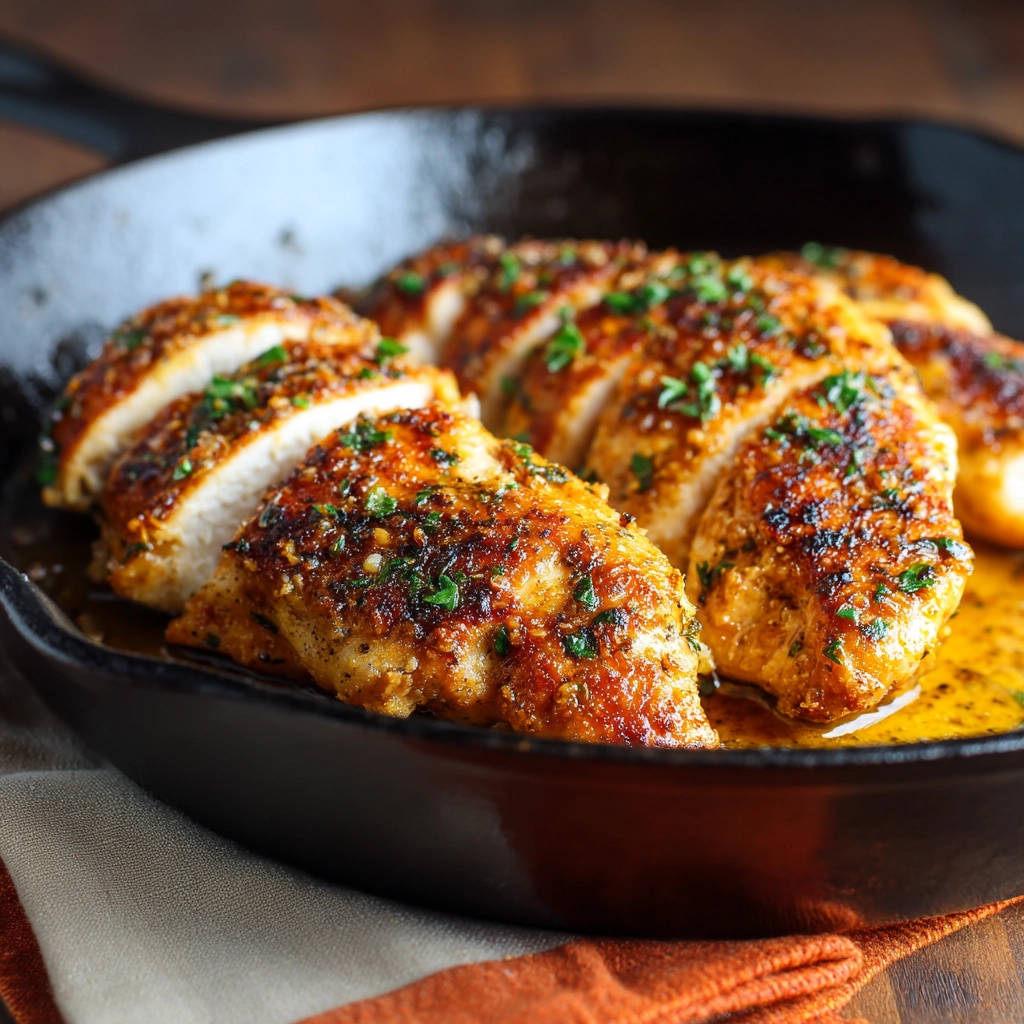 Pan-seared chicken breast sliced to reveal a juicy cross-section, garnished with fresh herbs in a cast-iron skillet.