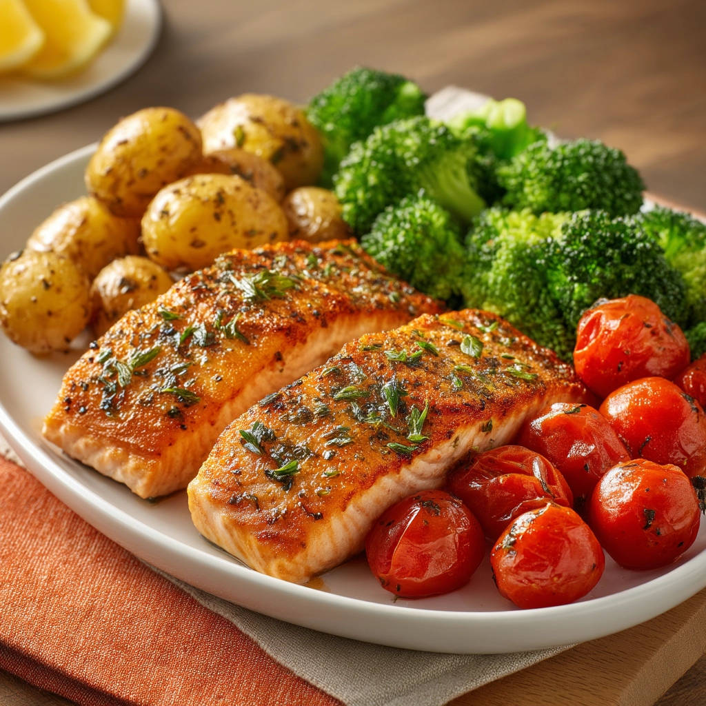Pan-seared salmon plated with roasted potatoes, broccoli, and cherry tomatoes, featuring a golden-brown crust.