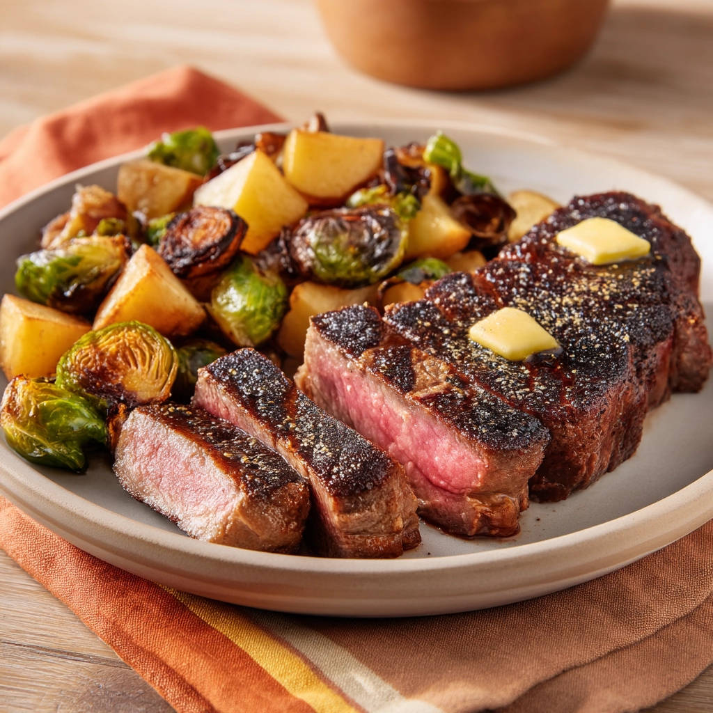 Pan-seared steak cross-section with melted butter and roasted vegetables on a plate.