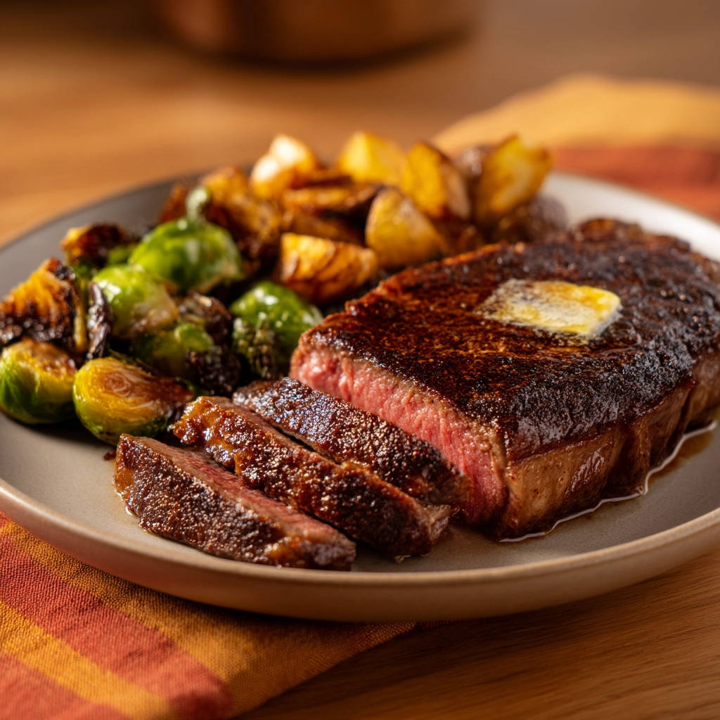 Pan-seared steak sliced and served with butter, Brussels sprouts, and roasted potatoes on a plate.