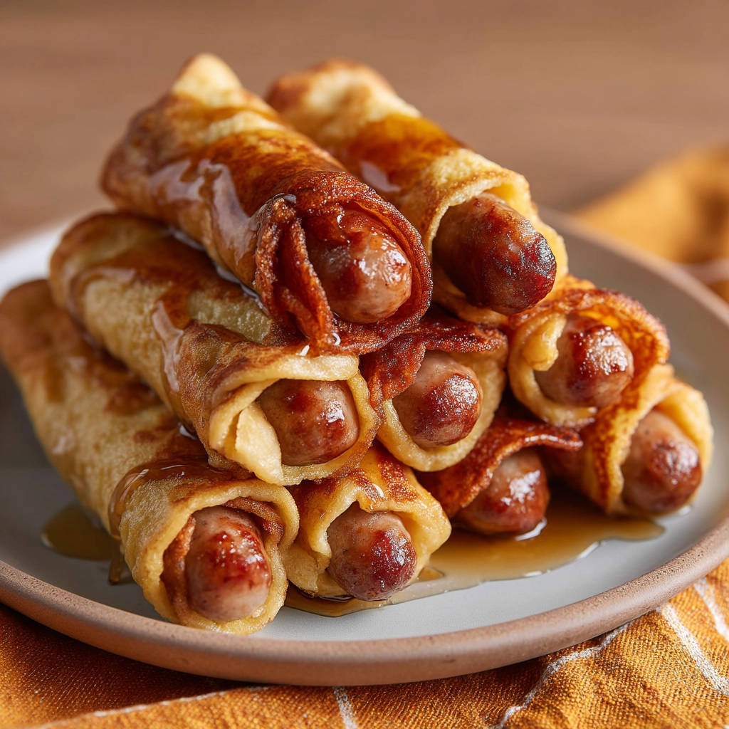 Pancake sausage rolls stacked high on a plate, drizzled generously with golden syrup for a sweet and savory breakfast treat.