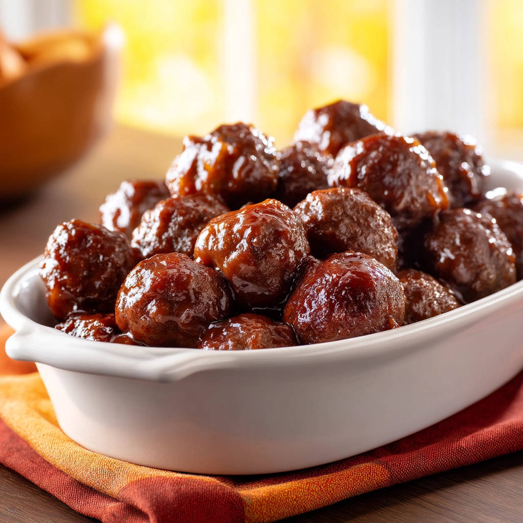 Perfect party meatballs glistening with a rich, glossy sauce in a white dish.