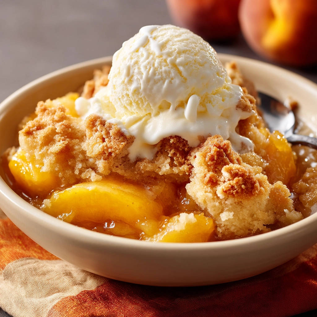 Classic peach crumble with a scoop of melting vanilla ice cream in a bowl.