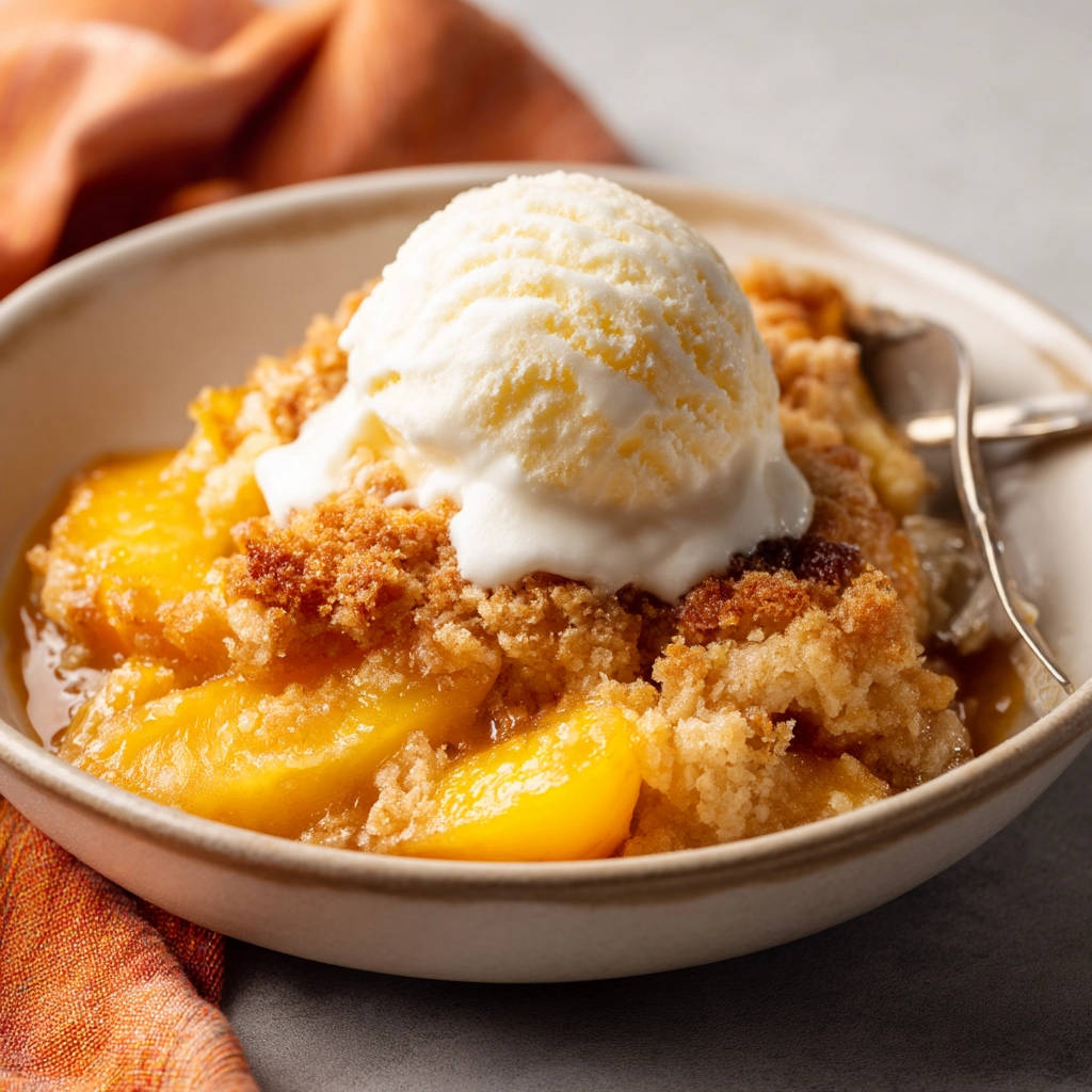 Classic peach crumble topped with a scoop of vanilla ice cream, showing the crumble texture.
