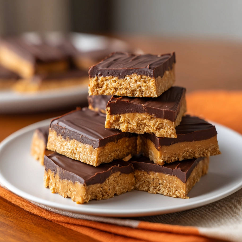 Peanut butter chocolate bars stacked on a white plate, showcasing their layered texture and rich chocolate topping.