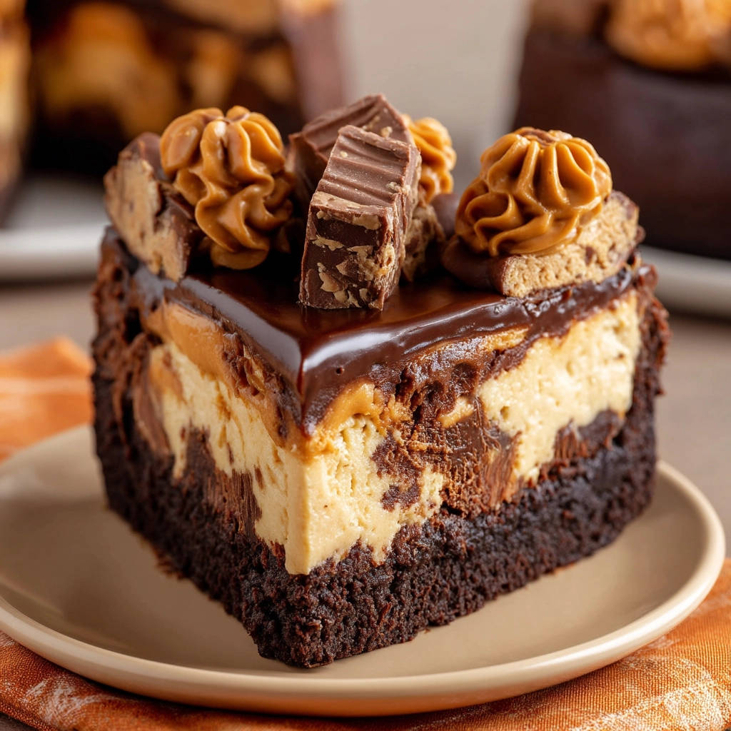 Peanut Butter Cup Cheesecake, a plated slice showing its rich chocolate brownie base and creamy peanut butter filling.