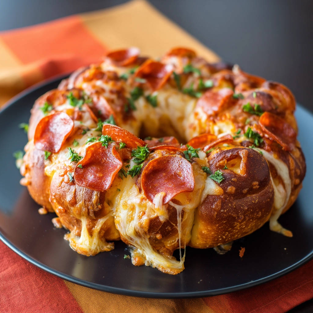 Pepperoni Pizza Pull-Apart Ring featuring gooey melted cheese and pepperoni slices on a black plate.