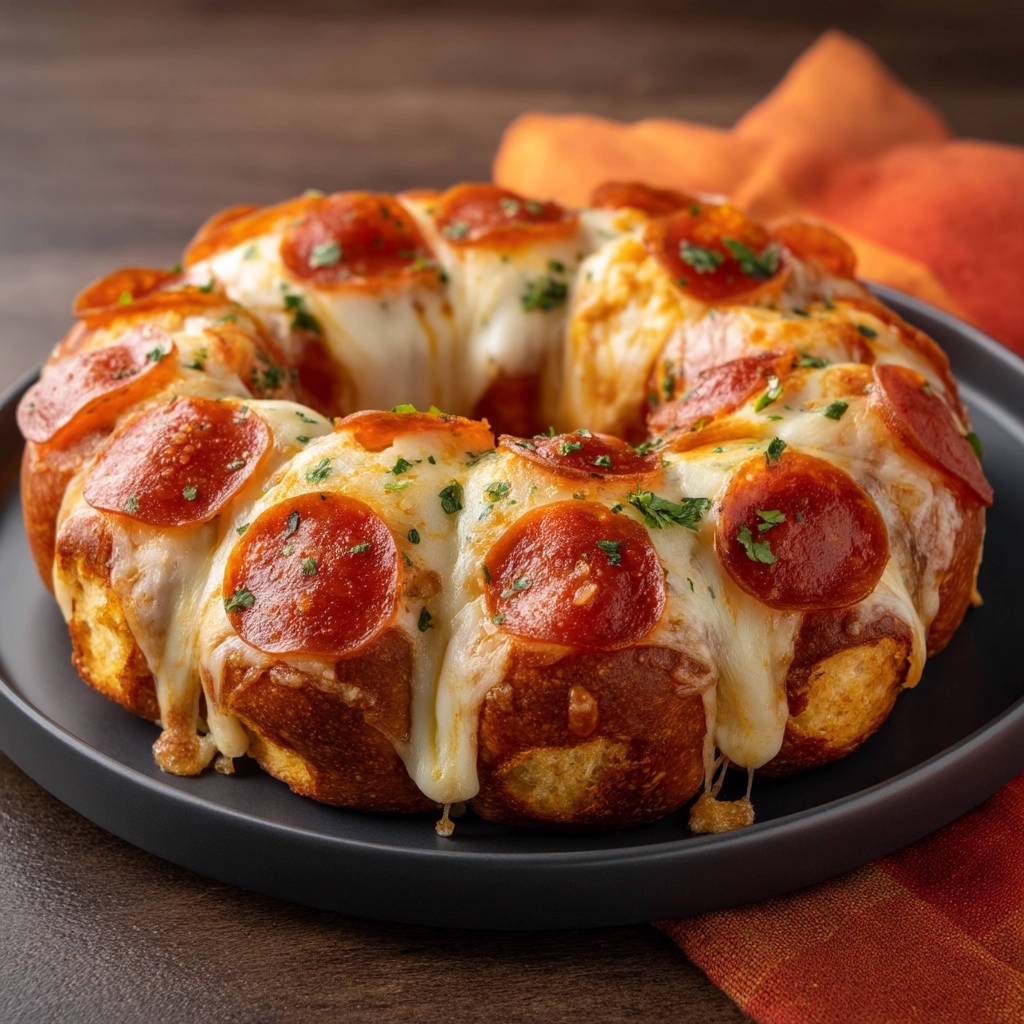 Pepperoni Pizza Pull-Apart Ring featuring melted mozzarella cheese and fresh parsley, presented on a dark plate.