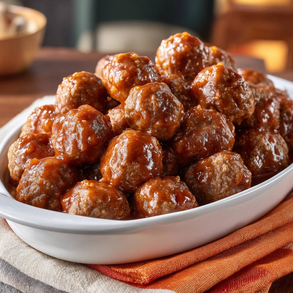 Perfect party meatballs glazed and piled high in a white serving dish on an orange napkin.
