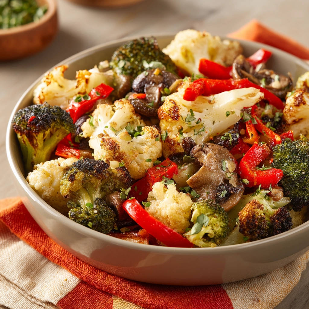 Perfectly roasted veggies in a bowl, featuring a close-up view of tender broccoli, cauliflower, and red peppers with herbs.