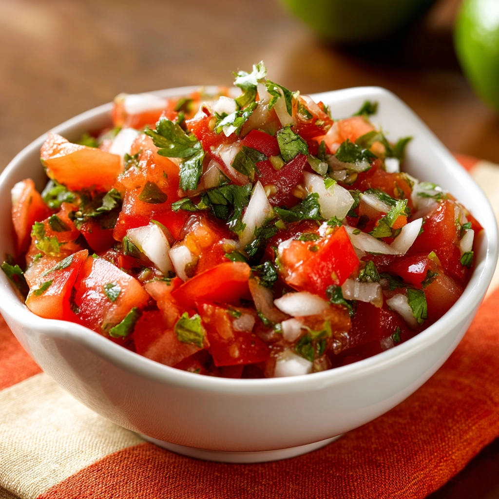Pico de gallo in a white bowl, a fresh mix of diced tomatoes, onions, and cilantro, presented close-up.