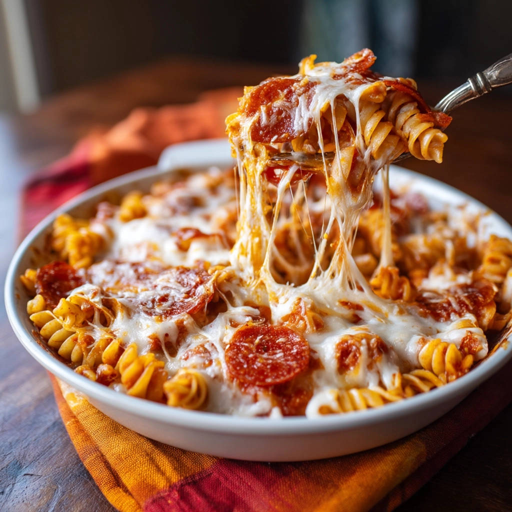 Ultimate Pizza Pasta Bake with a generous cheese pull captured on a fork.