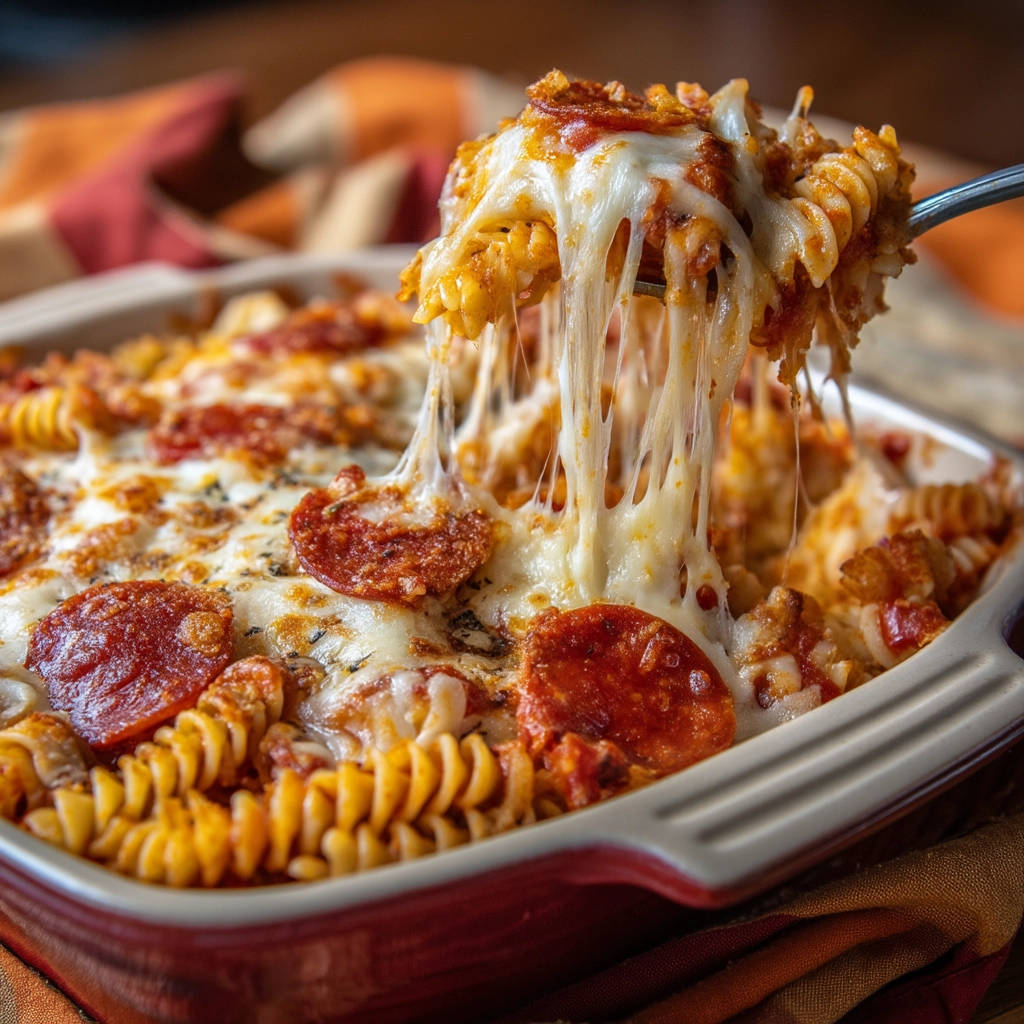 Ultimate Pizza Pasta Bake with a fork lifting cheesy pasta, showing a gooey cheese pull.