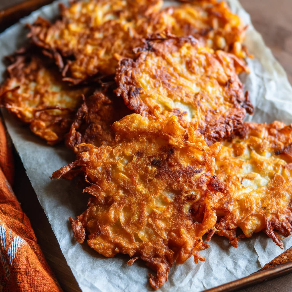 Crispy homemade potato pancakes with a golden-brown, textured surface piled on parchment paper.