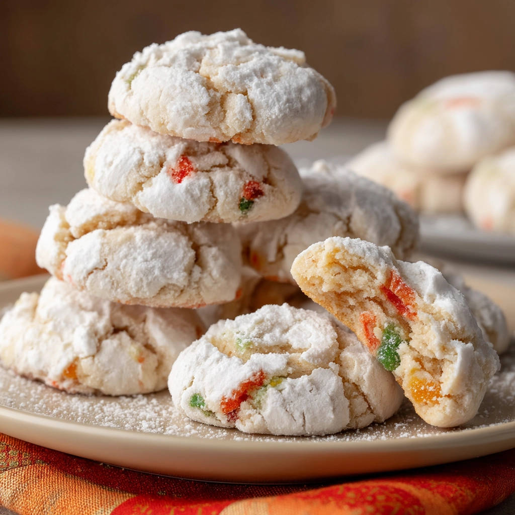 Classic powdered sugar cookies shown in a close-up cross-section revealing chewy interiors studded with colorful candied fruit pieces.