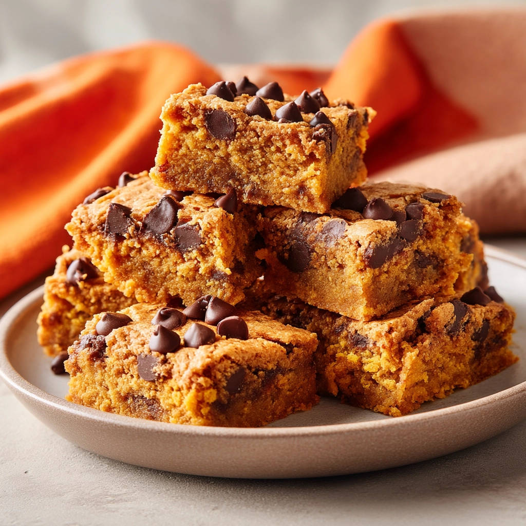 Amazing pumpkin chocolate chip bars stacked high on a plate, showcasing their rich texture and chocolate chips.