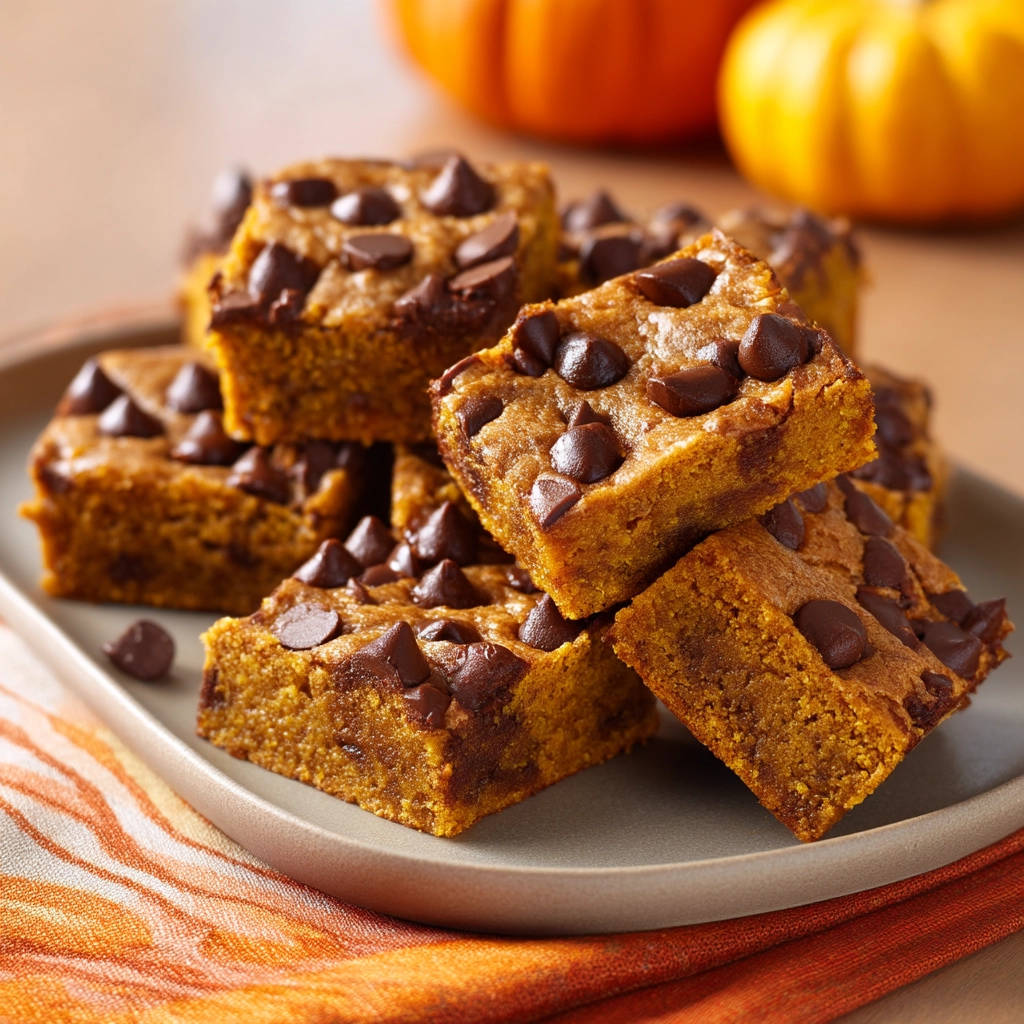 Amazing pumpkin chocolate chip bars stacked on a plate, showcasing their rich texture and chocolate chips.