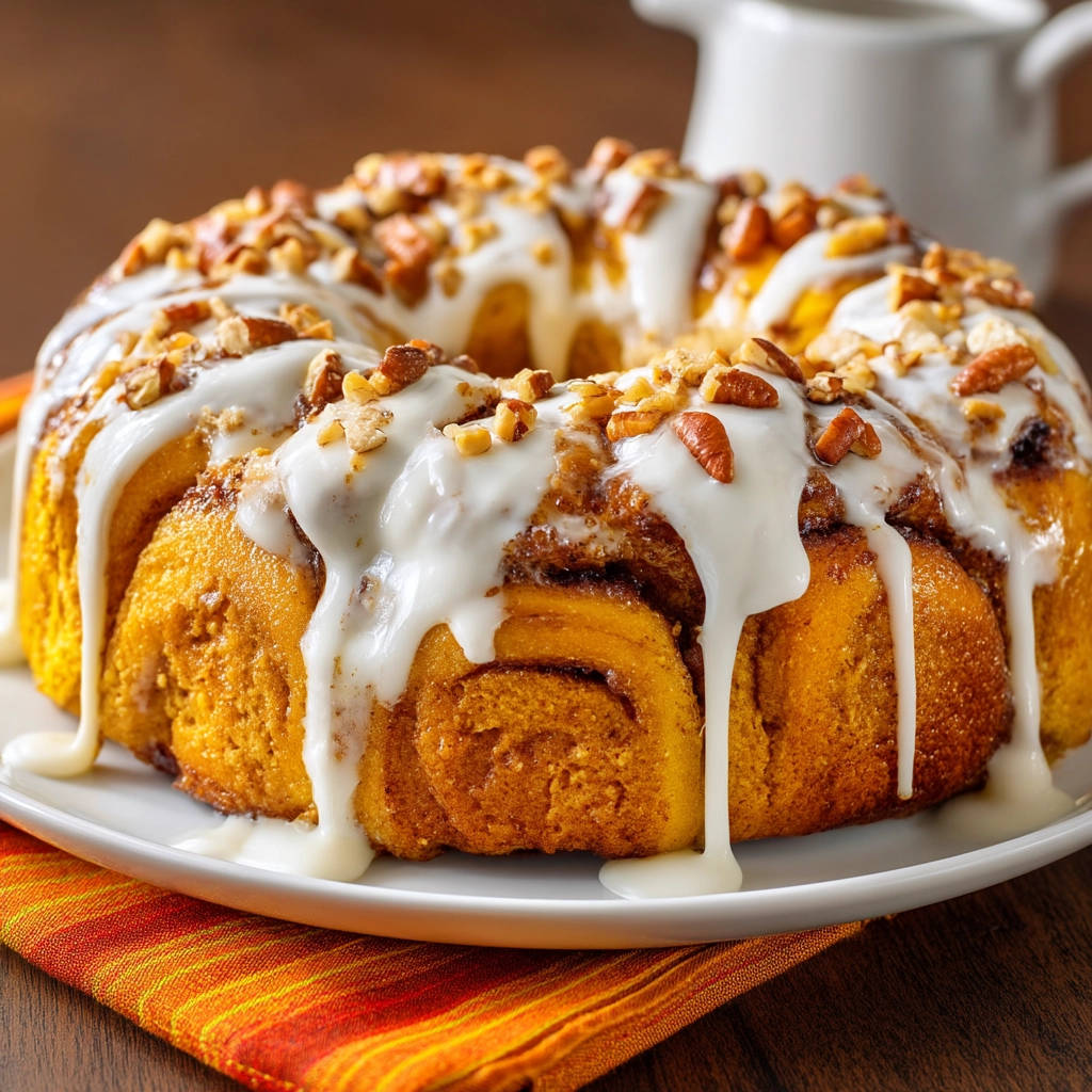 Pumpkin cinnamon roll cake glazed with white icing and topped with chopped pecans, presented on a white plate.